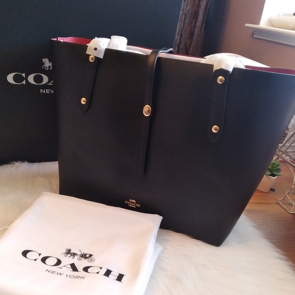 COACH TOTE BAG LARGE TOTE BAG BLACK RED LEATHER & COACH WALLET NWT - Picture 5 of 17